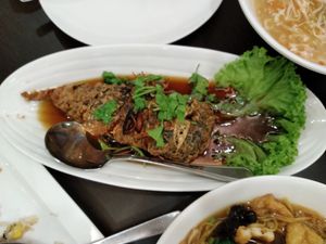 Handmade fried mock fish with soy sauce at Greenland Vegetarian Restaurant 菩提林 in Northeast Singapore