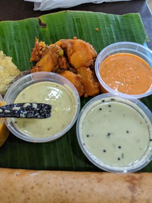 From left: green chili coconut chutney, traditional coconut chutney, some chilli chutney at Komala Vilas - Serangoon Rd in Central Singapore