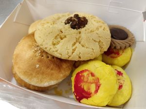 Assorted pastries in paper box at Kwan Im Vegetarian 東南亞觀音素食舘 in Central Singapore