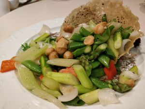 Sautéed Asparagus, Snap Pea, Macadamia Nut and Fresh Lily Bulb in Crispy Basket 夏日风情 at Ling Zhi Restaurant 灵芝 - Orchard in Central Singapore