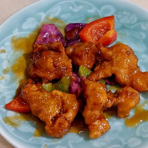 'Meat' Served with Sweet and Sour Sauce  at Ling Zhi Restaurant 灵芝 - Orchard in Central Singapore