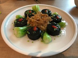 Charcoal tofu with mushroom and seasonal veg at  Ling Zhi Restaurant 灵芝 - Novena in Central Singapore