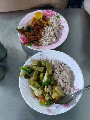 Rice with choice of two curries for 35 baht at Youta Jay Vegetarian Food in Ayutthaya