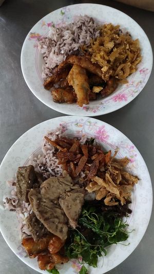 Rice with fake meat at Youta Jay Vegetarian Food in Ayutthaya