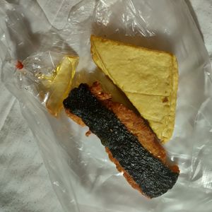 What tastes like vegan fish... Pretty good, on the oily side but then it's deep fried so I guess that's expected! 
30baht for fish
20baht for tofu at Aroi Vegetarian food - Arawy in Bangkok