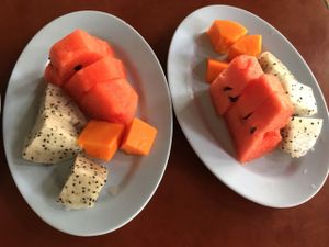 Fruit plates, 10 baht each at Chamlong's / The Vegetarian Society Chatuchak in Bangkok