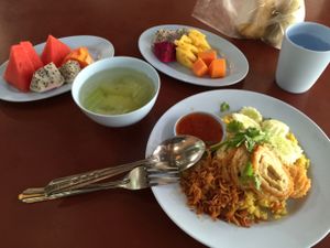 65 baht for all of this (including the two steamed buns in the bag at the top) at Chamlong's / The Vegetarian Society Chatuchak in Bangkok