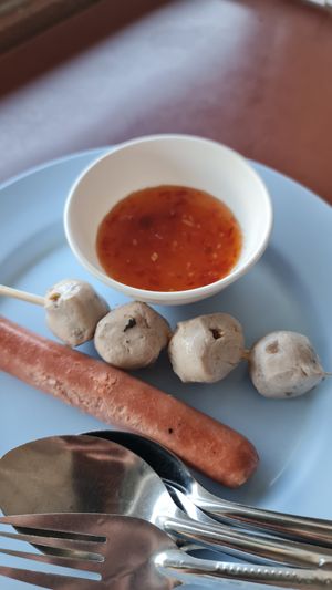 Plant based meats with sweet chili dip at Chamlong's / The Vegetarian Society Chatuchak in Bangkok