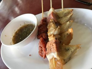 Mock meat. Ha ha ah.  at Chamlong's / The Vegetarian Society Chatuchak in Bangkok