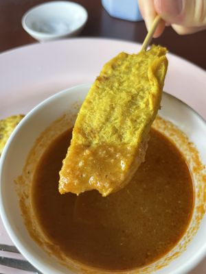 Tofu skewer - a bit sweet with coconut   at Chamlong's / The Vegetarian Society Chatuchak in Bangkok