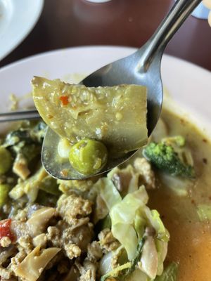 Close-up green curry  at Chamlong's / The Vegetarian Society Chatuchak in Bangkok