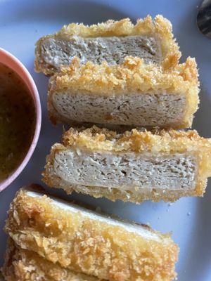 Schnitzel vegan 20THB highly recommended   at Chamlong's / The Vegetarian Society Chatuchak in Bangkok