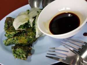 Tasty veggie patty(i love this..thus i order twice heheh) and the chive dumpling -- i recommend chamlong visit, its heaven for vegans.  at Chamlong's / The Vegetarian Society Chatuchak in Bangkok