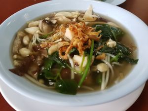 Noodle with assorted mushrm soup. Not bad at Chamlong's / The Vegetarian Society Chatuchak in Bangkok