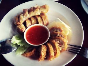 Isaan Sausage, with veggie protein at Chamlong's / The Vegetarian Society Chatuchak in Bangkok