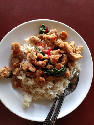 35 baht. Rice with soy at Chamlong's / The Vegetarian Society Chatuchak in Bangkok