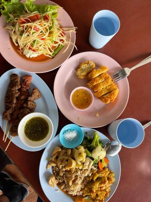 Skewers, tofu Katsu, som tam and three dishes with rice at Chamlong's / The Vegetarian Society Chatuchak in Bangkok