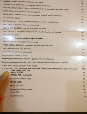 menu at Chennai Kitchen in Bangkok
