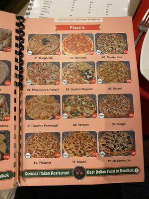 One of two pizza menu pages  at Govinda Italian Restaurant & Pizzeria in Bangkok