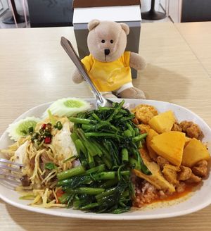 Rice with 3 choices of veggies 60 baht  at Rabiengboon - MBK in Bangkok