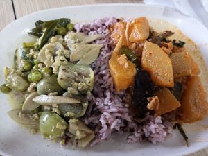 Red and green Thai curry with rice at Rabiengboon - MBK in Bangkok