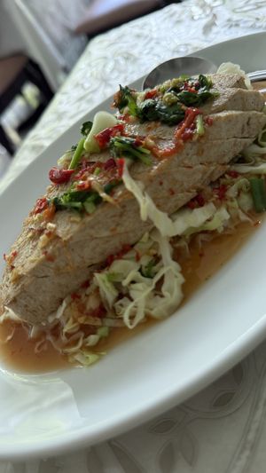 Steamed fishh  at The Vegetarian Cottage in Bangkok