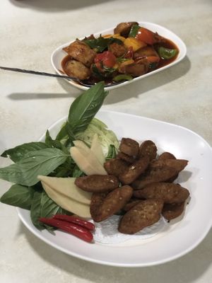 Vegan fried sausage and sweet’n’sour vegan fish at Ruyi Vegetarian in Bangkok