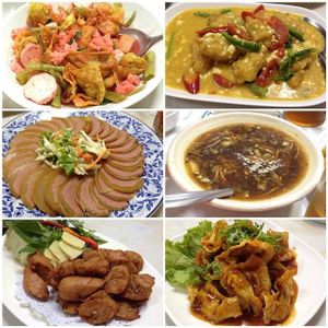 Trying to remember the name of the dishes..
1. Yentafo noodle soup
2. crab yellow curry
3. Some mock meat
4. Fish soup
5. fried sausages
6. Wan ton? Not sure

All tasty!!! at Ruyi Vegetarian in Bangkok