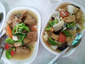 Fish with celery and tofu mixed vegetables  at Ruyi Vegetarian in Bangkok