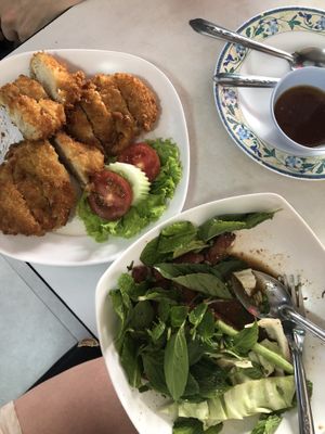 Spicy vegan pork salad and vegan fried chicken. Delicious!  at Ruyi Vegetarian in Bangkok