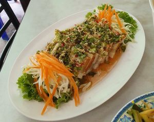 'Pork' with chilli and lime, so good at Ruyi Vegetarian in Bangkok