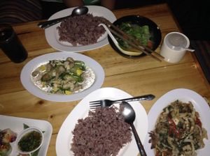 Aum, Chiang Mai - (my meal) spring rolls, brown rice, spicy mushroom dish, and (friend's meal) eggplant dish, brown rice, and papaya salad at Aum in Chiang Mai