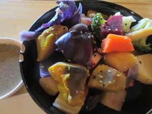 steamed vegetable salad with yummy dipping sauce made from blended apple, sesame and ginger at Aum in Chiang Mai