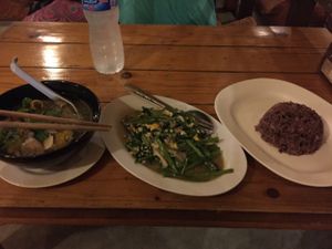 Wontons (80 baht), fried kang gong with mushrooms and tofu (60 baht) and brown rice. at Aum in Chiang Mai