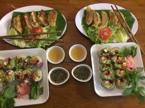 dumplings and fresh spring rolls  at Aum in Chiang Mai