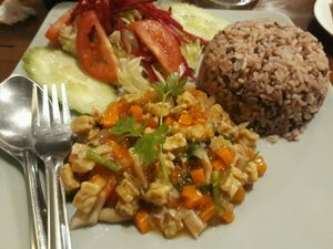 Brown rice with tempeh, herbs and veggies at Aum in Chiang Mai