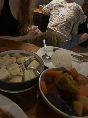 steamed tofu with plum, steamed veggies, rice  at Aum in Chiang Mai