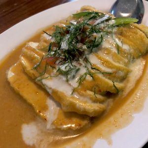 Crispy tofu with curry and coconut cream. at Aum in Chiang Mai