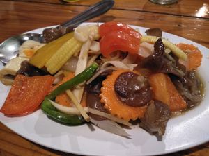 Mushroom tofu ginger stir fry at Aum in Chiang Mai