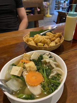 Wonton Soup ! YUMMMMM and deep fried potatoes also Yummmmm at Aum in Chiang Mai