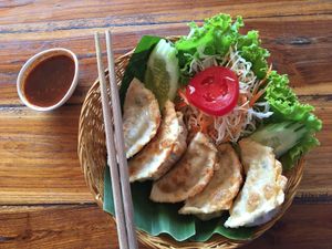 Deep fried gyoza - way too oily for my taste at Aum in Chiang Mai