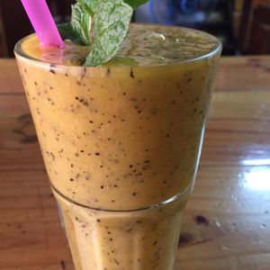 Mango and passion fruit smoothie, 60 baht at Aum in Chiang Mai