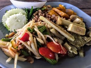 Papaya salad, green curry, pumpkin & mushrooms  at Vegetarian Thai Orchid in Chiang Mai