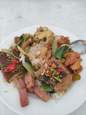 Rice and mixed 'meat'/'fish' options + drink at 150THB at Num Heng Vegetarian in Hat Yai