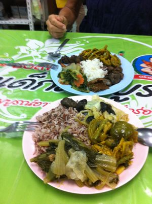 Plates of food from the buffet - the smaller was 70 baht and the larger 90. A steal for the delicious food and variety of choices. at Num Heng Vegetarian in Hat Yai