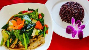Stir-fried kale with vegan "chicken" at Five Star J Restaurant in Pattaya