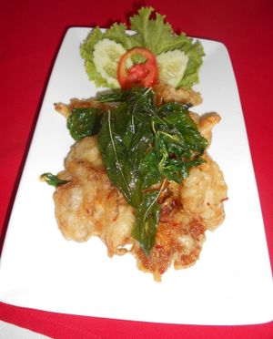 Ning's 5 Star J's Fried Mushrooms Hot Basil - incredibly yummy! at Five Star J Restaurant in Pattaya