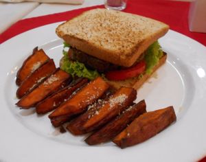 Ning's 5 Star J's - Shiitake Mushroom Veggie Burger with Yam Fries, so Yummy!! at Five Star J Restaurant in Pattaya
