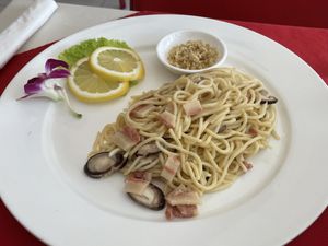 Spaghetti carbonara, 169 baht (plus 7% tax)  at Five Star J Restaurant in Pattaya