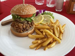 Chicken burger, 199 baht (plus 7% tax)  at Five Star J Restaurant in Pattaya